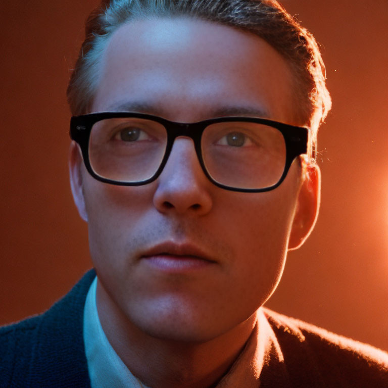 Portrait of man with glasses and slicked-back hair on amber background