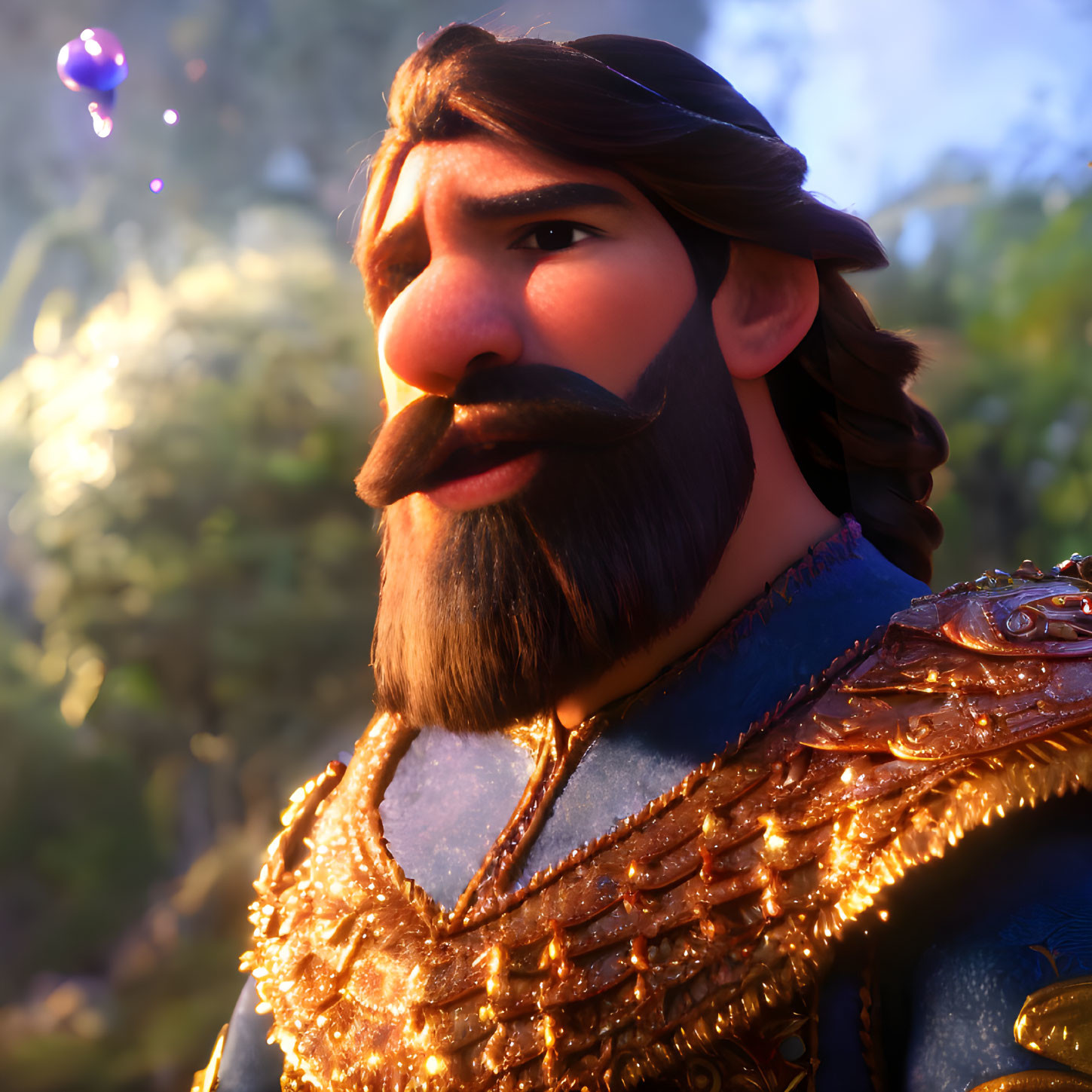 Bearded character in medieval armor gazes at purple orb