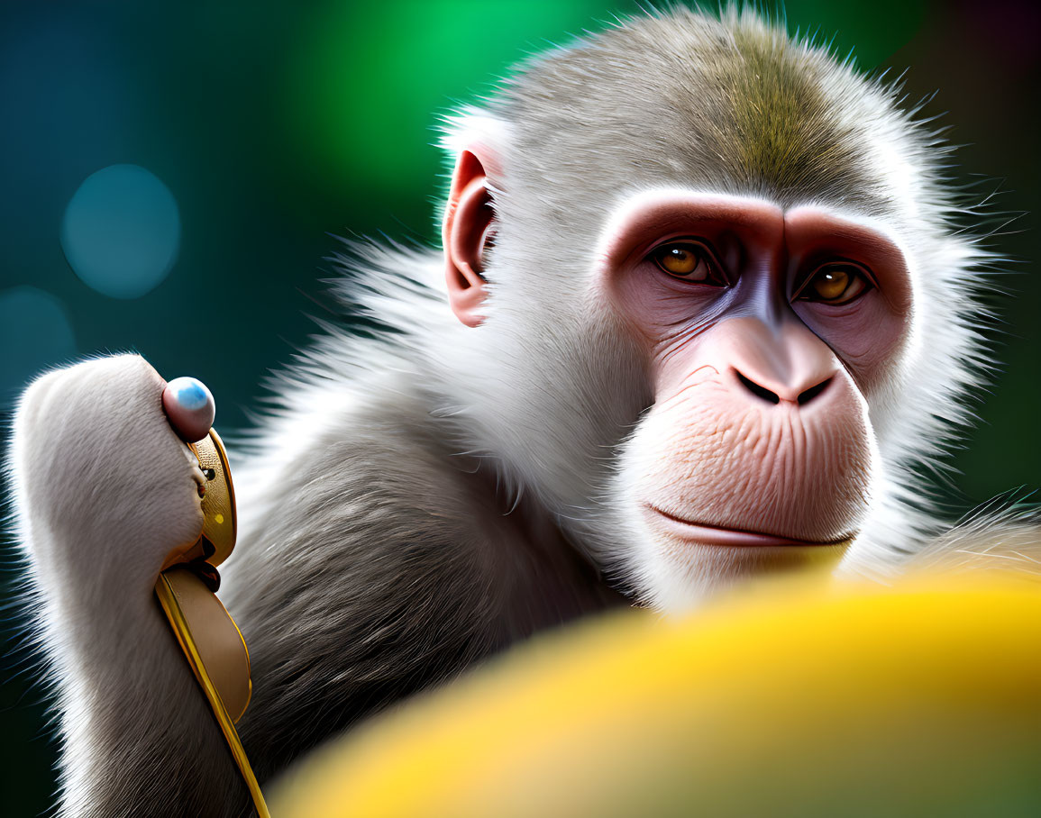 Detailed close-up of photorealistic animated monkey holding yellow object