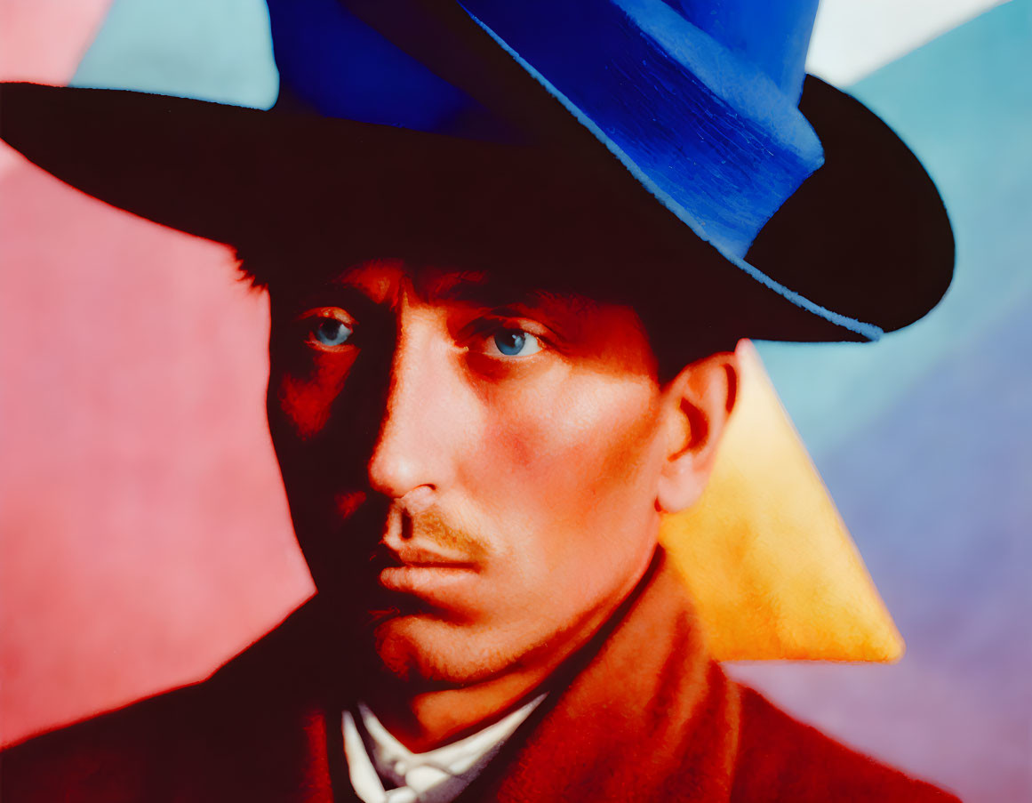 Stylized portrait of man with piercing eyes in blue hat against bold geometric background