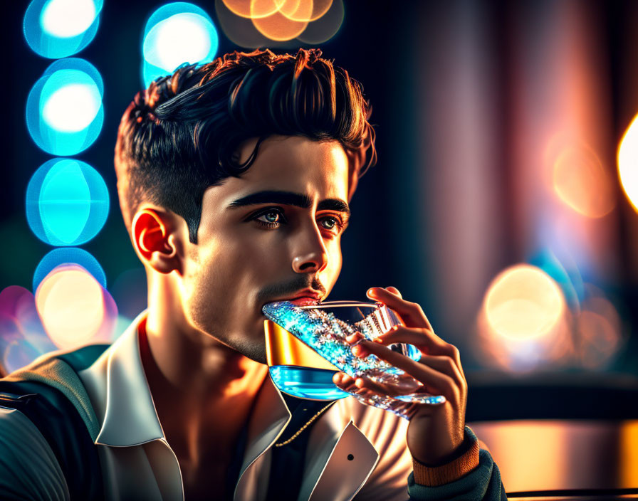 Young man enjoying blue drink with bokeh lights in background