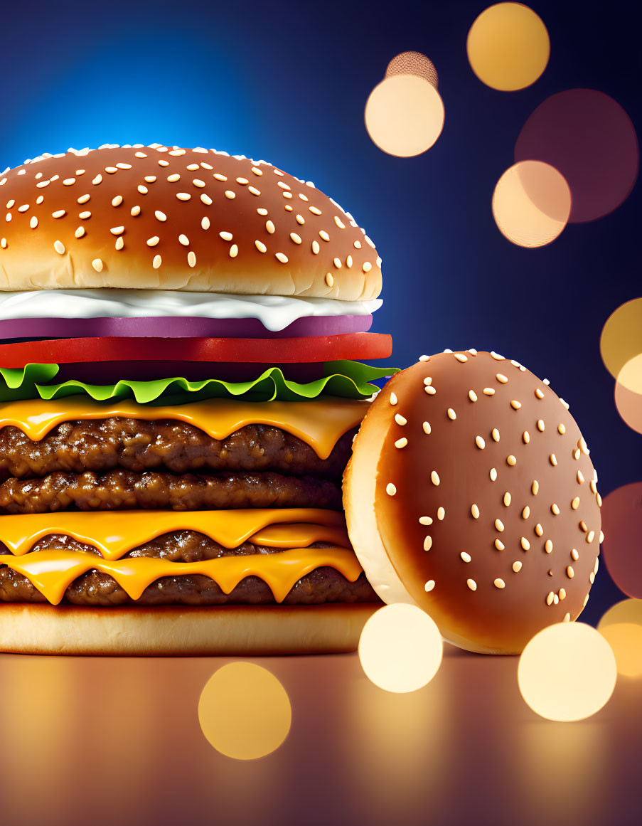 Double cheeseburger with sesame buns, lettuce, tomato, and smaller burger on bokeh background