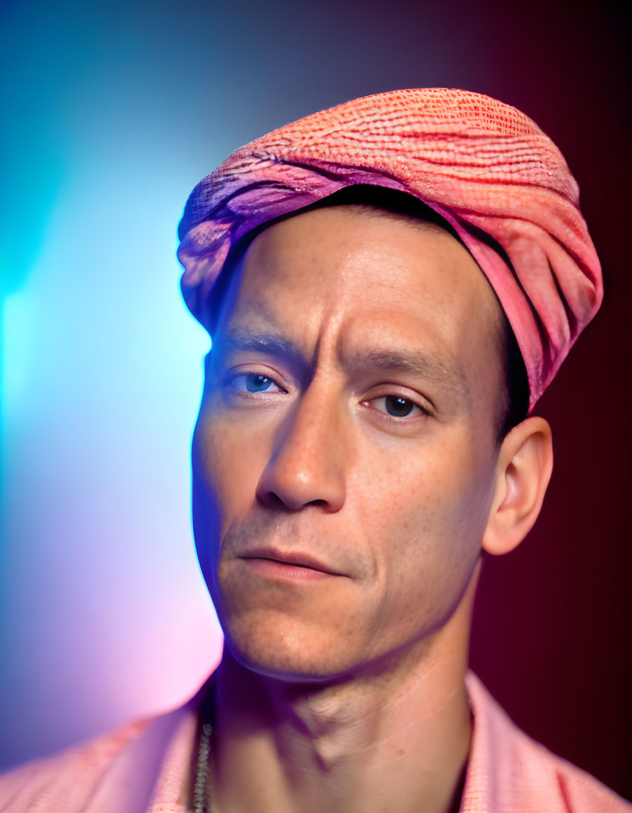 Contemplative man in pink turban against blue and pink background