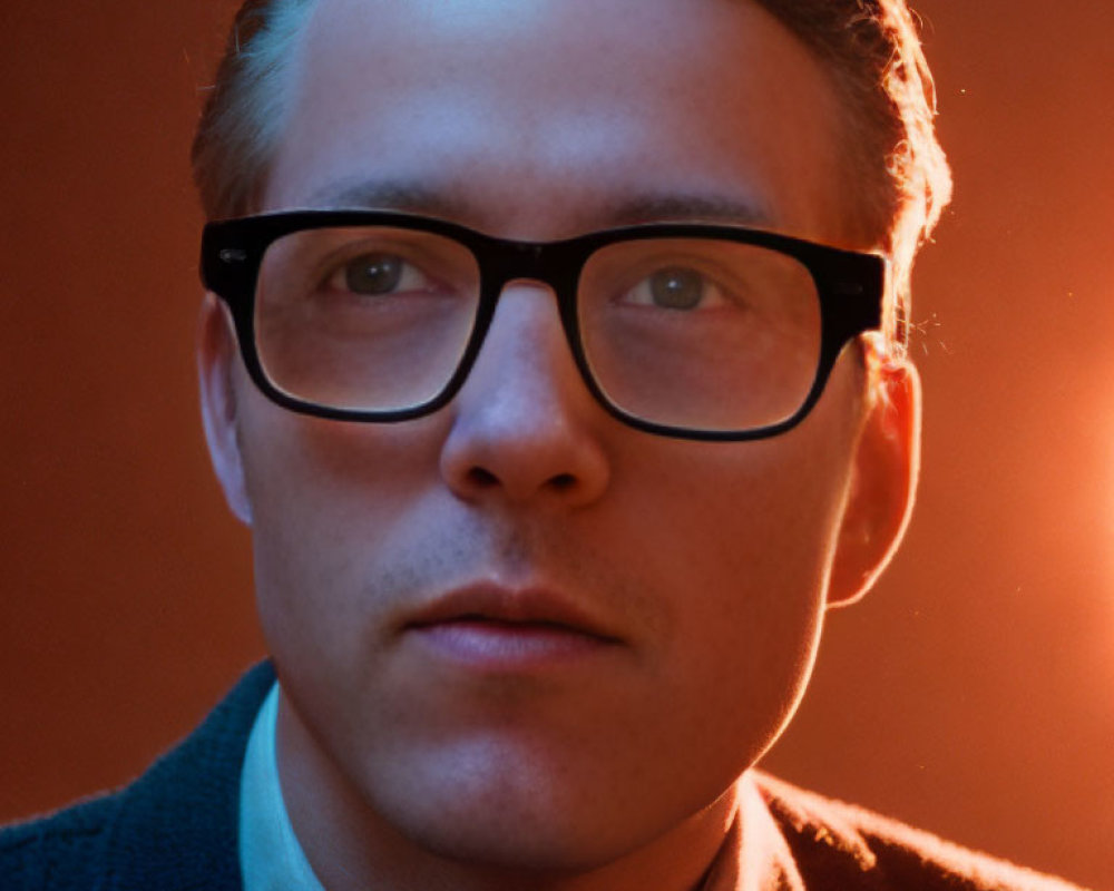 Portrait of man with glasses and slicked-back hair on amber background