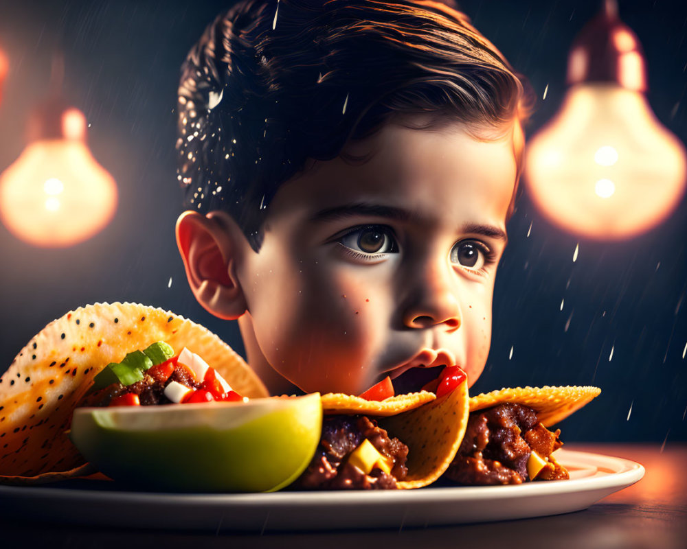 Child admires taco on plate with lime slice under warm lighting