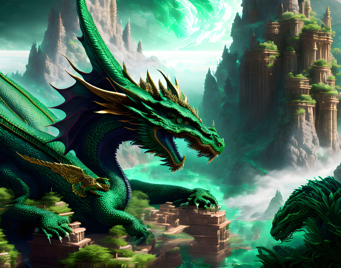 Majestic green dragon on ancient stone structure in mystical landscape