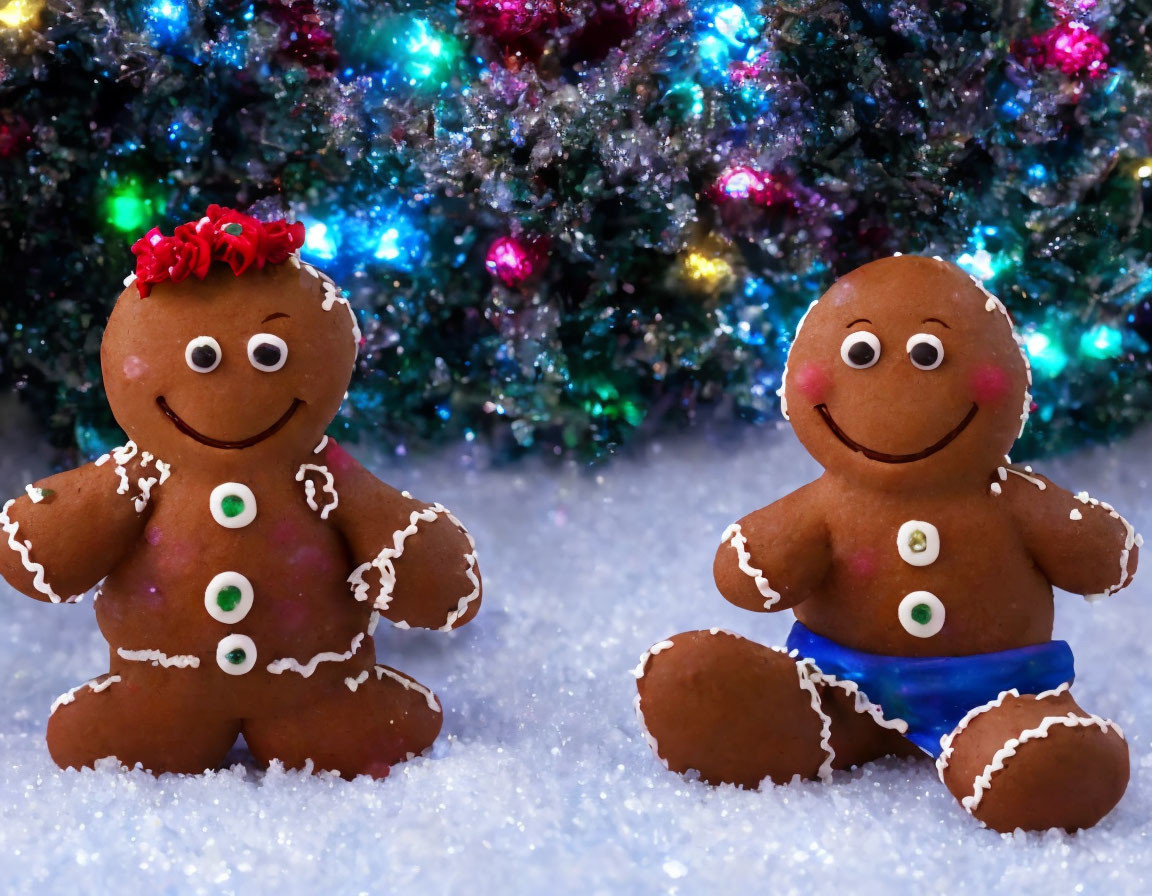 Gingerbread figures on snow with Christmas tree backdrop