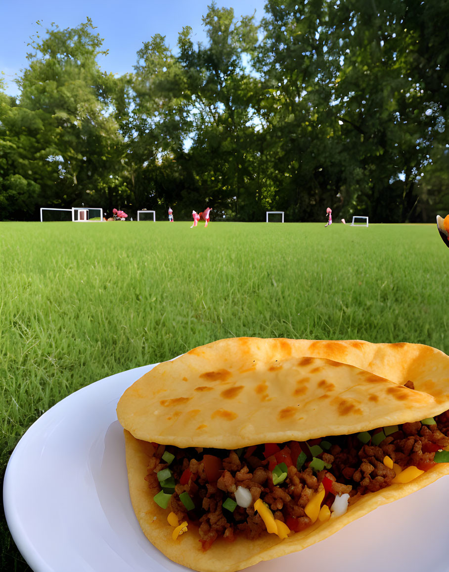 Meat and Vegetable Taco on Plate with Soccer Field Background