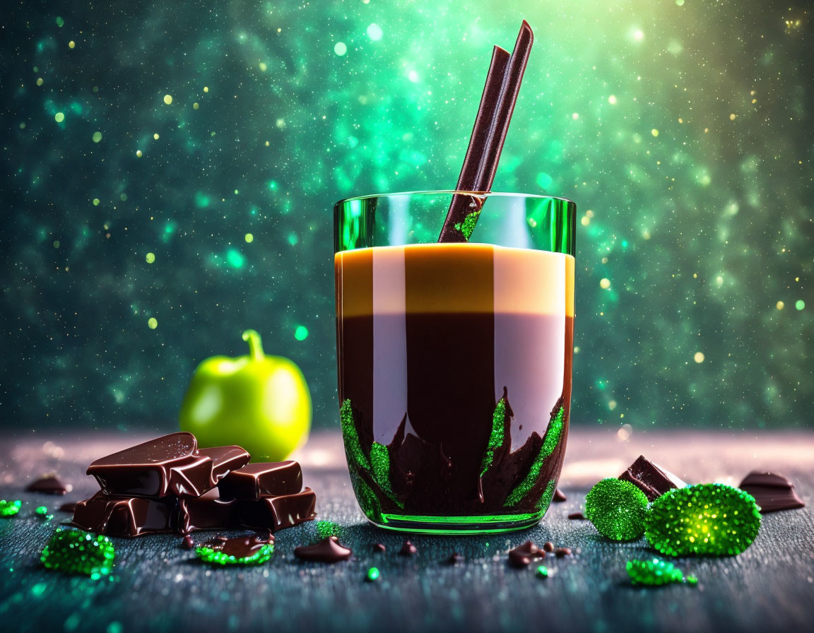 Colorful layered cocktail with cinnamon stick, chocolate, green apple, and sparkles