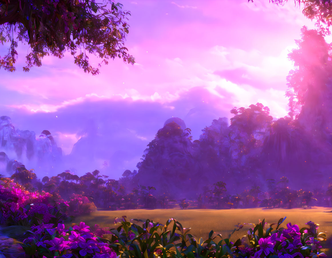 Vibrant fantasy landscape with pink and purple sunset