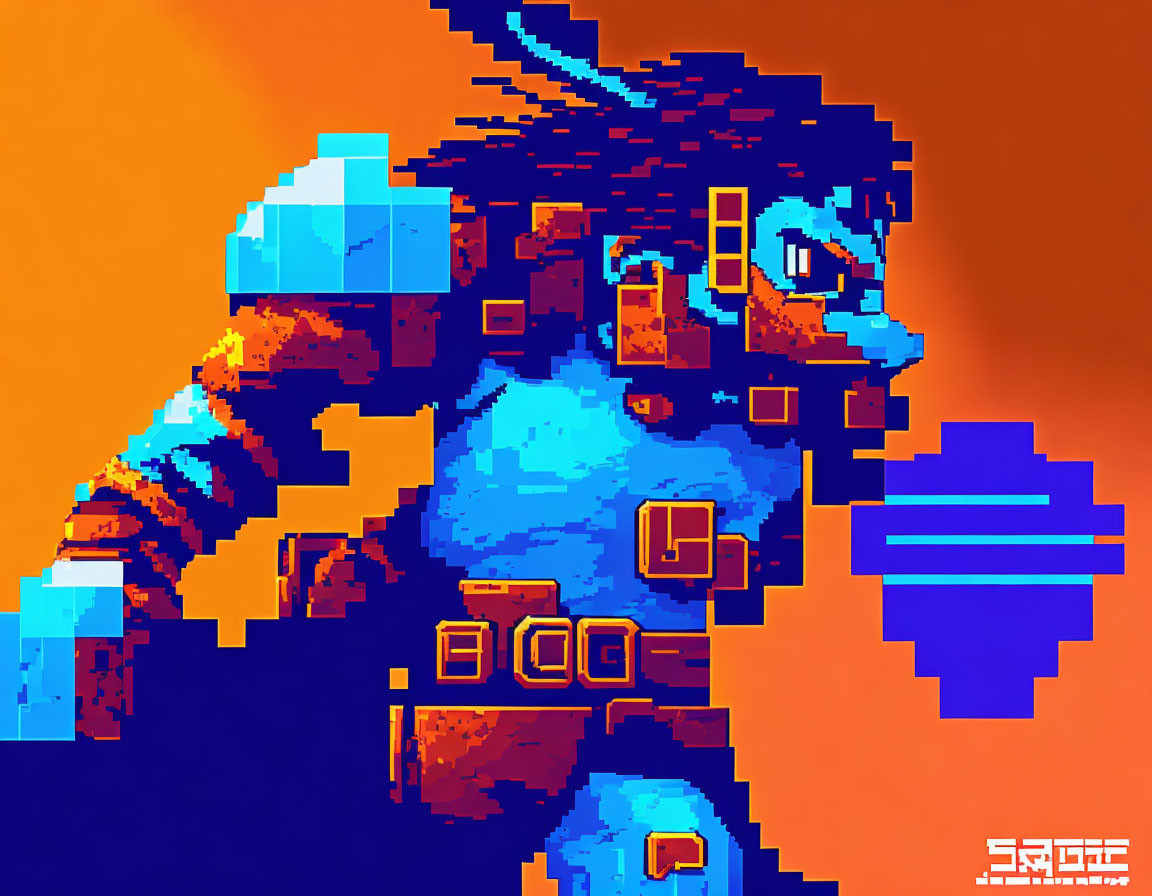 Cybernetic Pixel Art: Blue Skin, Orange Background, Futuristic Theme