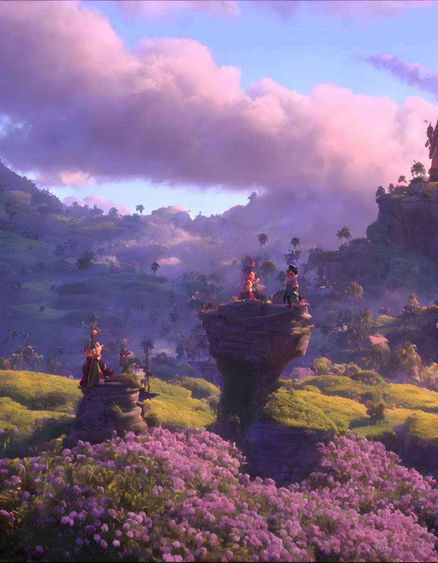 Mystical animated scene: characters on floating rocks in lush, purple-skied landscape