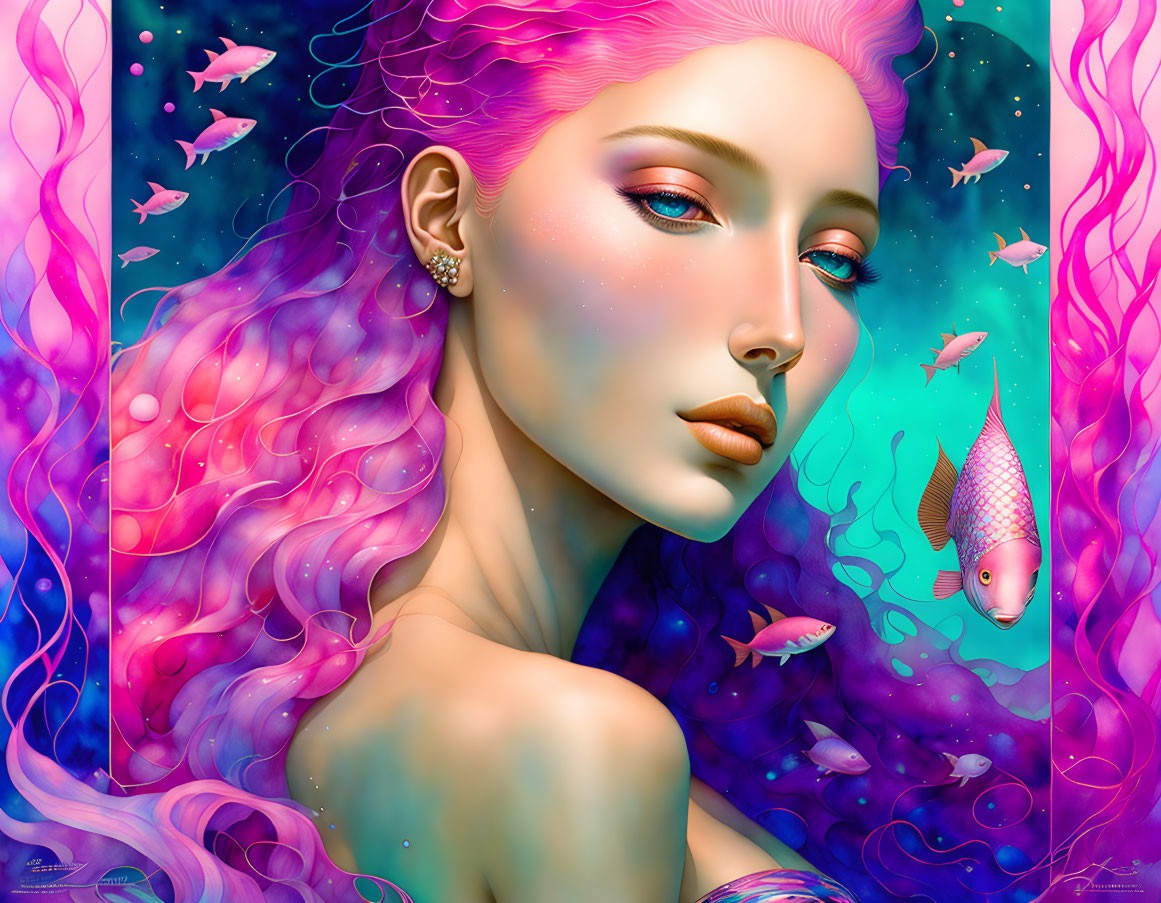 Vibrant illustration of woman with pink hair and blue skin among colorful fish