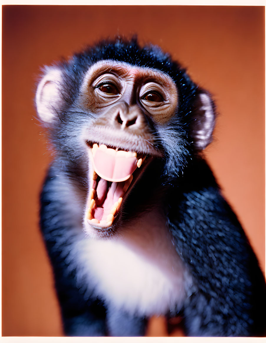 Young baboon with open mouth and visible teeth on blurred orange background