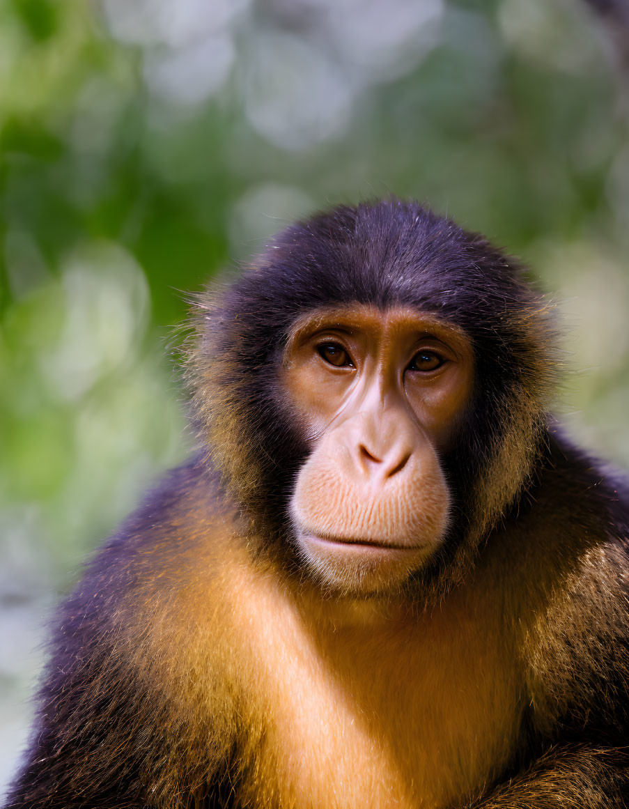 Brown and Black Monkey with Contemplative Expression on Soft Green Background