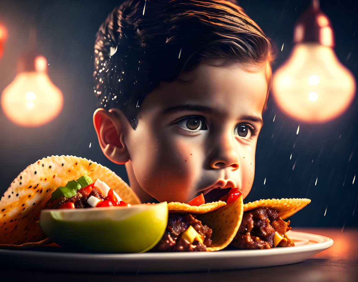 Child admires taco on plate with lime slice under warm lighting