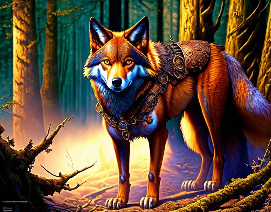 Colorful digital art: Stylized fox in vibrant forest setting