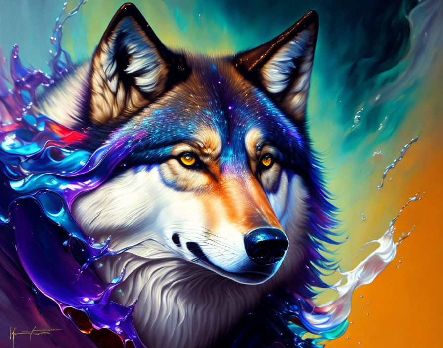 Colorful Wolf Artwork with Vibrant Mane in Orange, Blue, and Purple