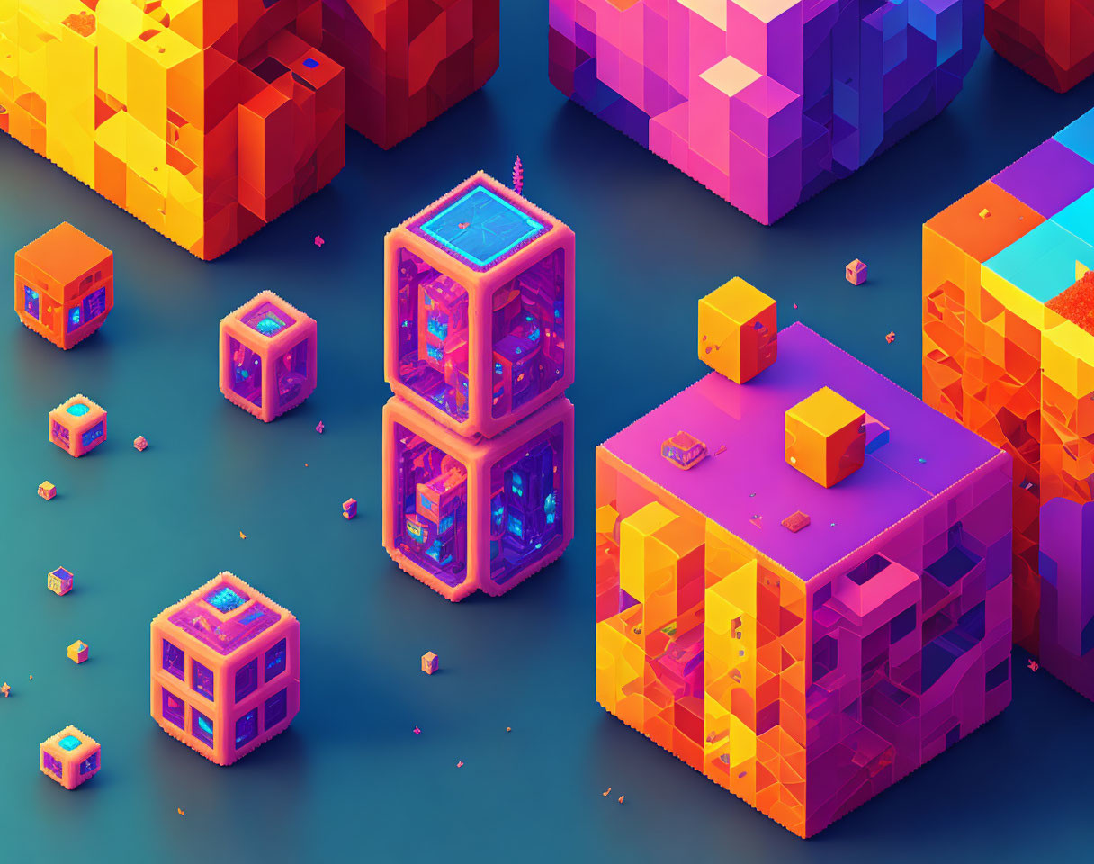 Colorful Geometric Cubes on Grid: Isometric 3D Artwork