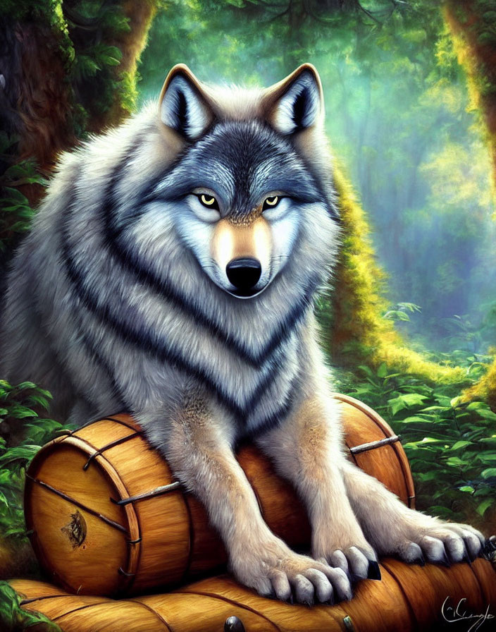 Realistic Grey Wolf Painting on Wooden Barrel in Sunlit Forest