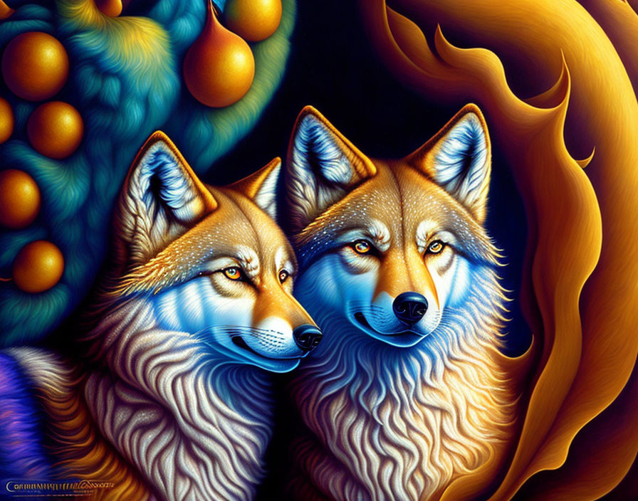 Detailed artwork featuring two foxes with vibrant fur in a fantasy background.