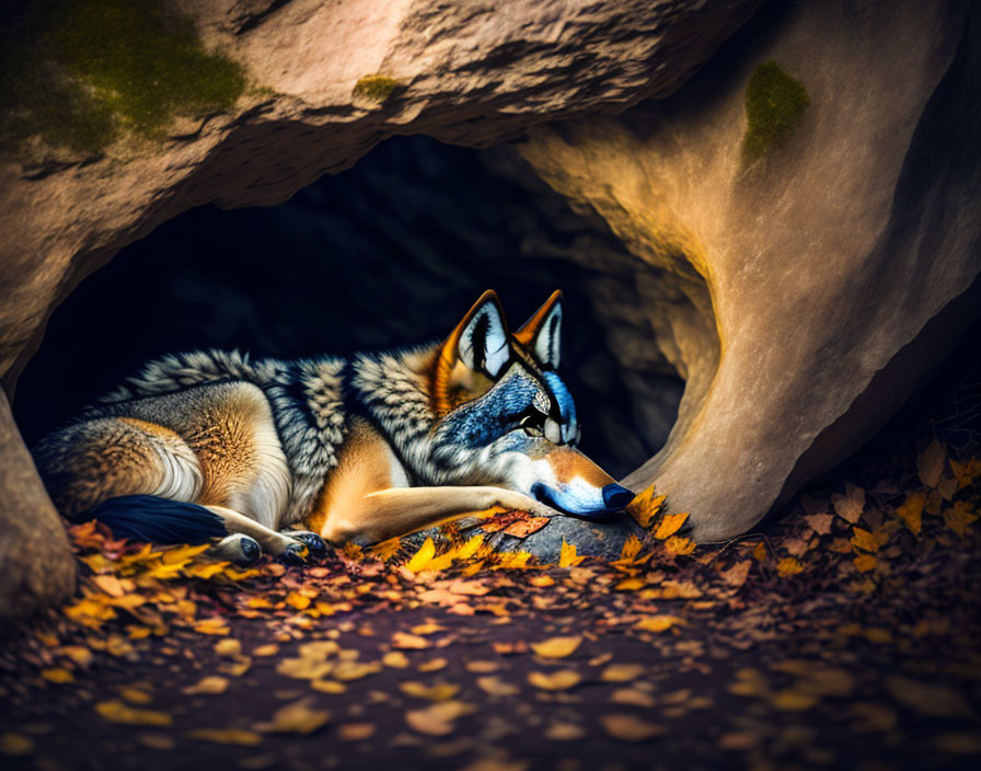 Wolf Resting in Sunlit Cave Among Autumn Leaves