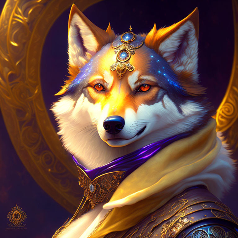 Regal wolf with human-like features in ornate jewelry and cape on golden background