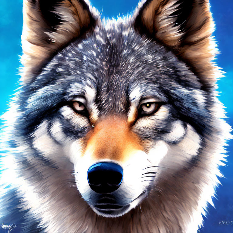 Detailed Wolf Face Digital Painting on Blue Background