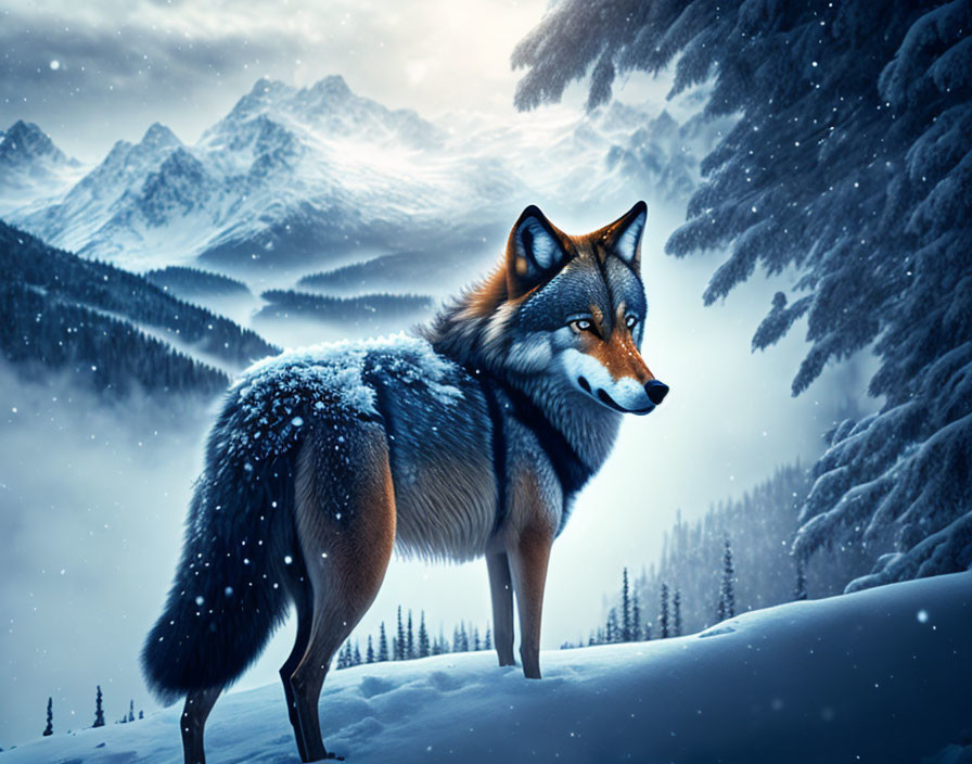 Majestic wolf in snowy forest with mountains and twilight sky