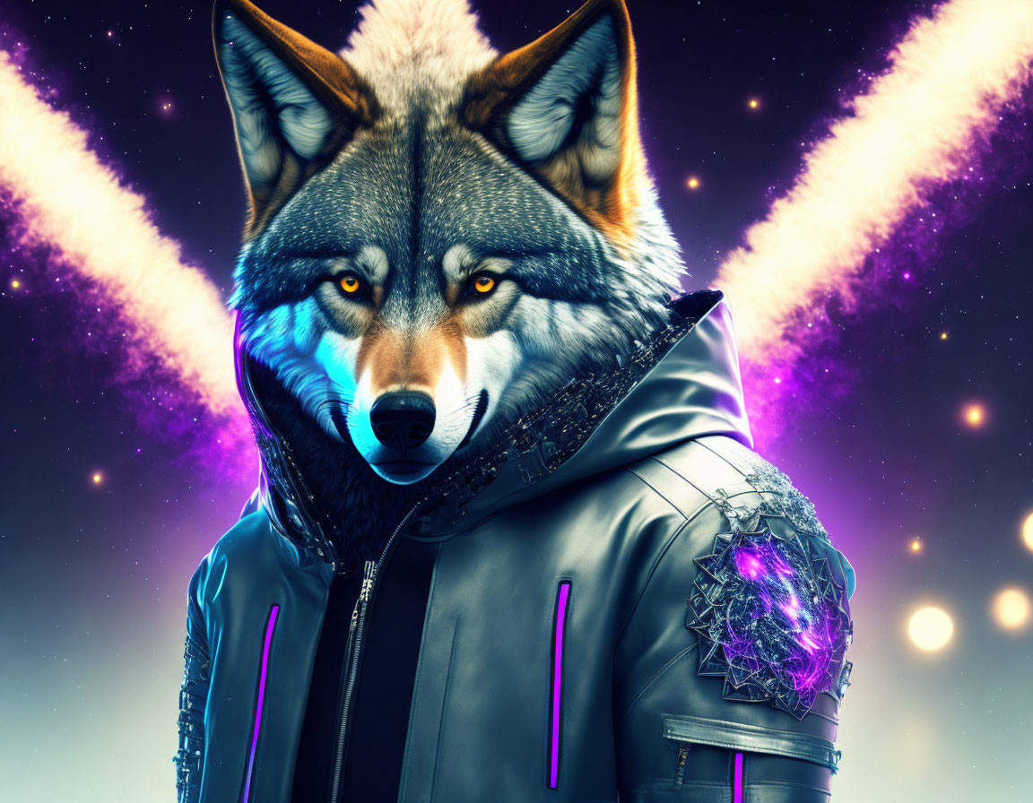 Intense anthropomorphic wolf in futuristic jacket under starry night sky