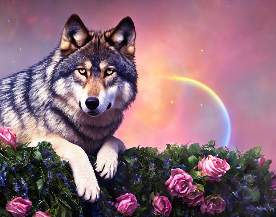 Majestic wolf with piercing eyes among pink roses and cosmic backdrop