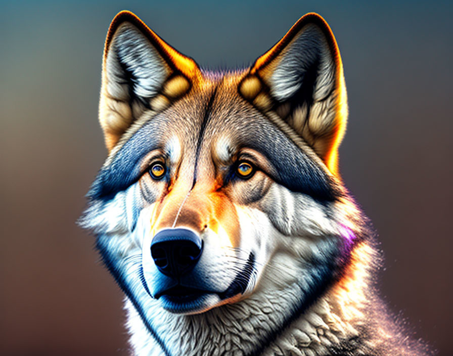 Vividly colored wolf portrait with intense eyes and regal expression