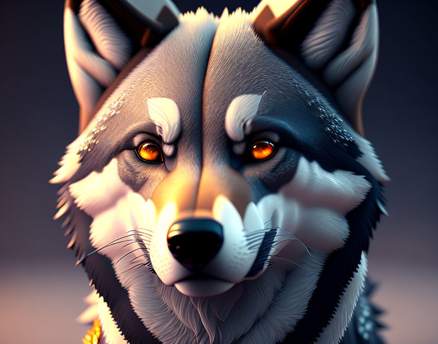 Detailed Stylized Wolf Illustration with Intense Orange Eyes