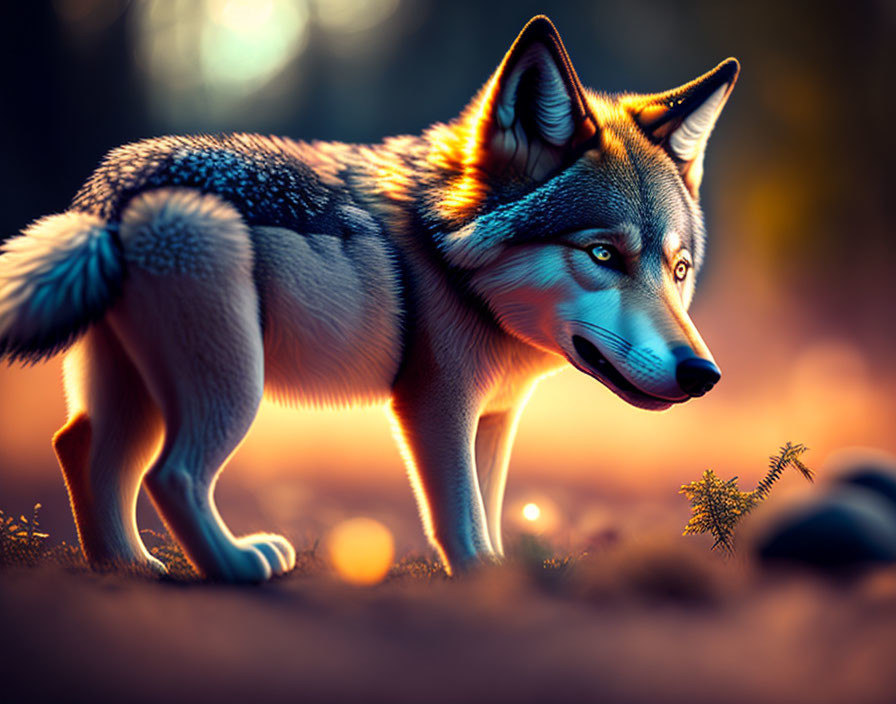 Wolf in forest during golden hour with warm sunlight filtering through trees