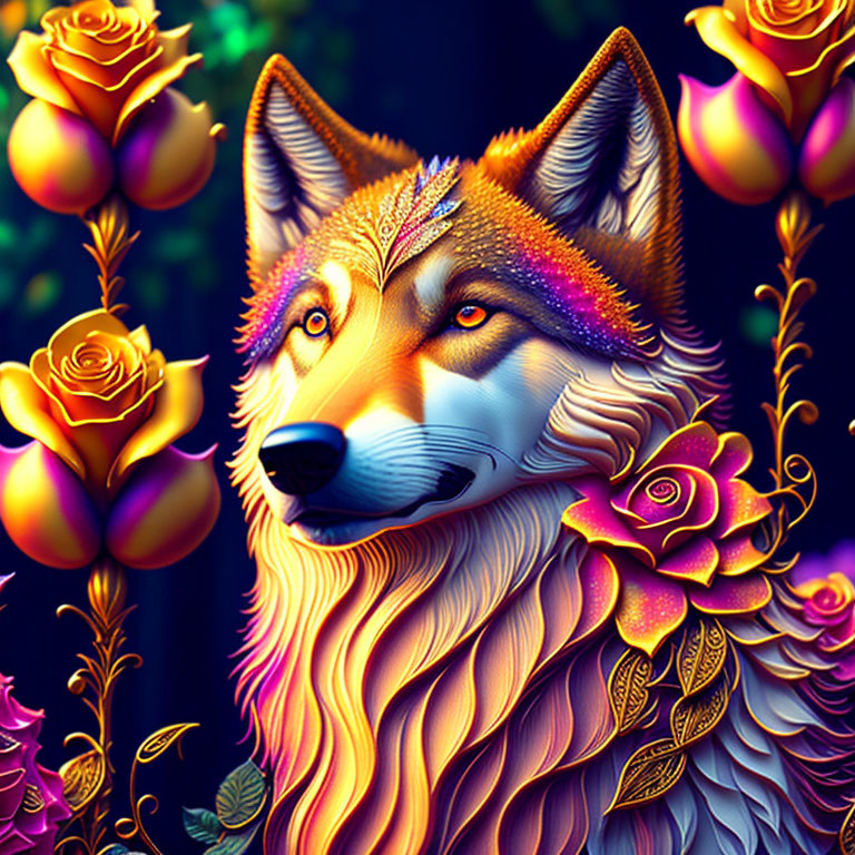 Colorful Stylized Wolf Surrounded by Golden and Purple Roses