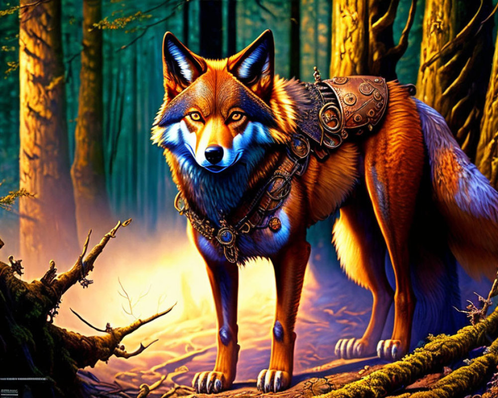 Colorful digital art: Stylized fox in vibrant forest setting