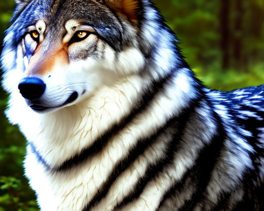 Digital artwork: Wolf with human-like features in green forest.