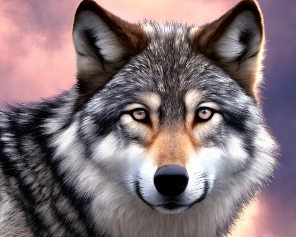 Detailed digital painting: Wolf's face with piercing eyes on cloudy purple sky