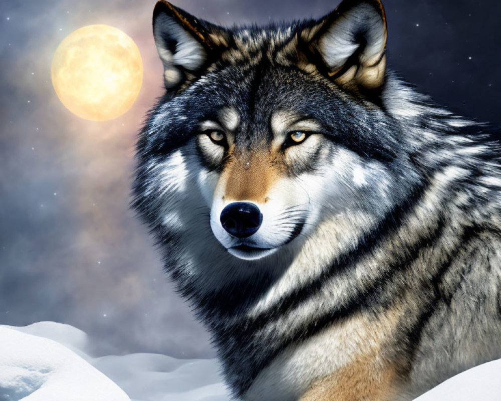 Majestic wolf with striking eyes in snowy moonlit scene