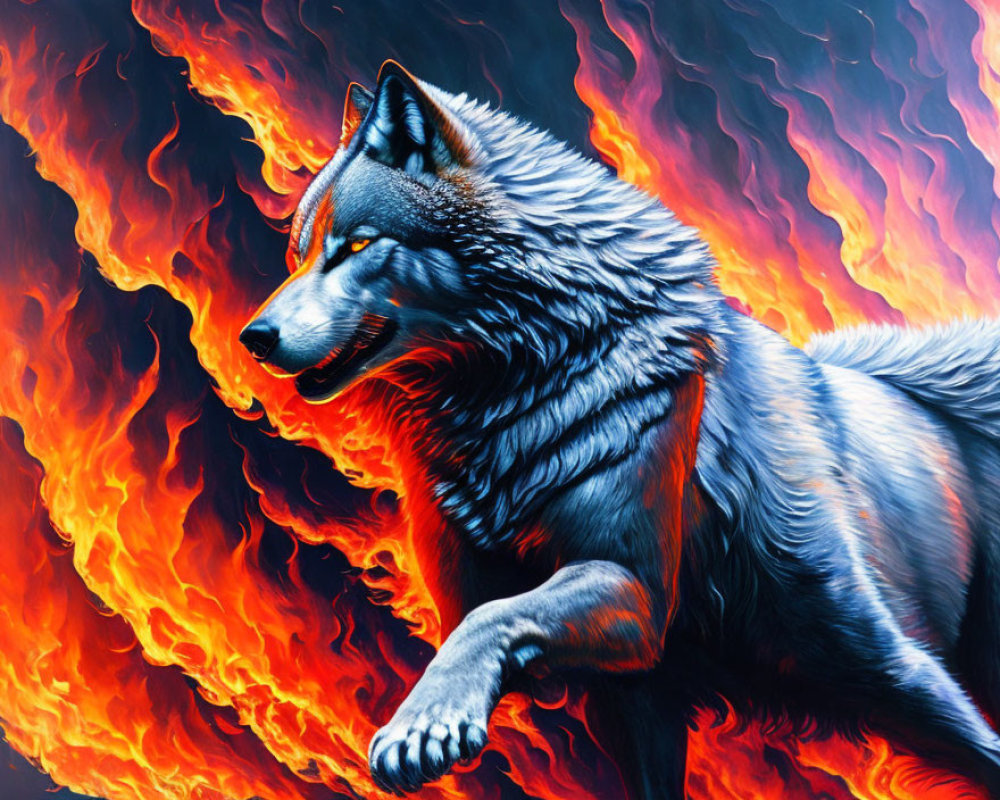 Detailed illustration of majestic wolf with black and grey coat against fiery backdrop