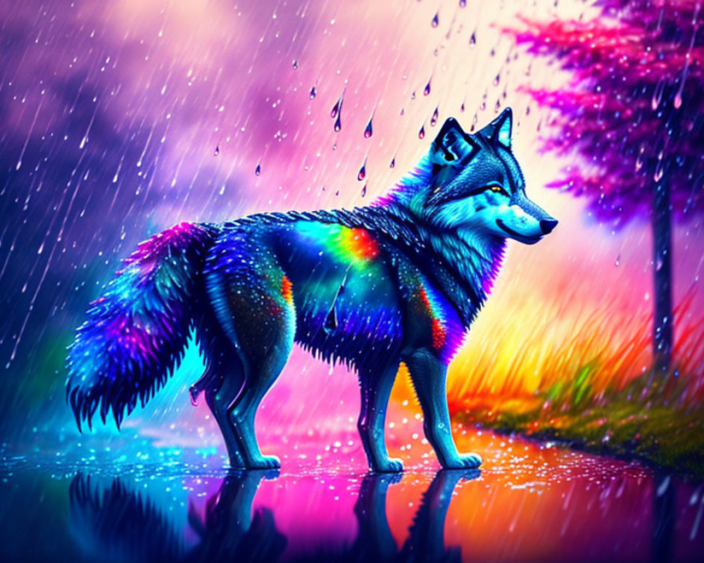 Colorful Rainbow Wolf Standing by Purple Rain and Reflective Water Surface