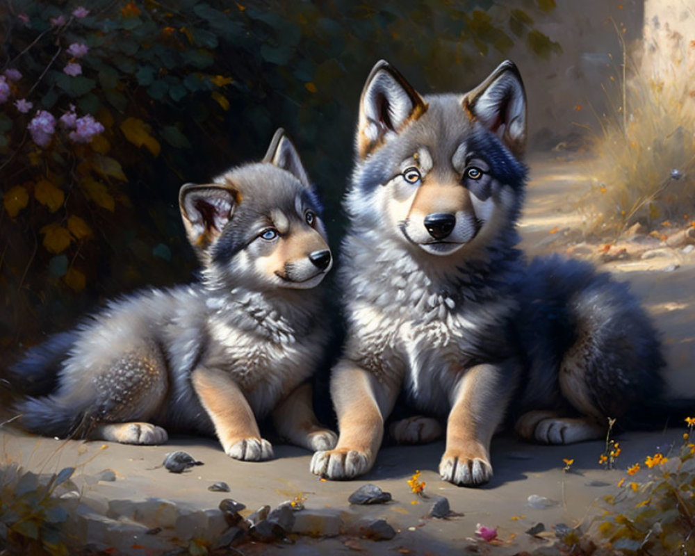 Realistic husky puppies with blue eyes in soft lighting and delicate flora