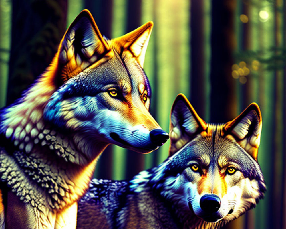 Colorful Wolves in Mystical Forest with Intense Gazes