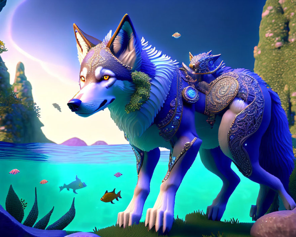 Animated blue and silver wolf by tranquil lake under crescent moon