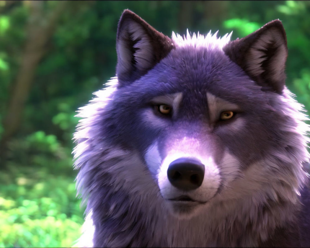 Close-up 3D-rendered wolf with yellow eyes and grey fur in forest setting