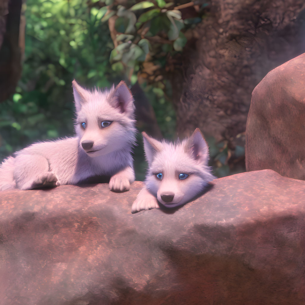 Two blue-eyed animated foxes with silver fur in forest setting