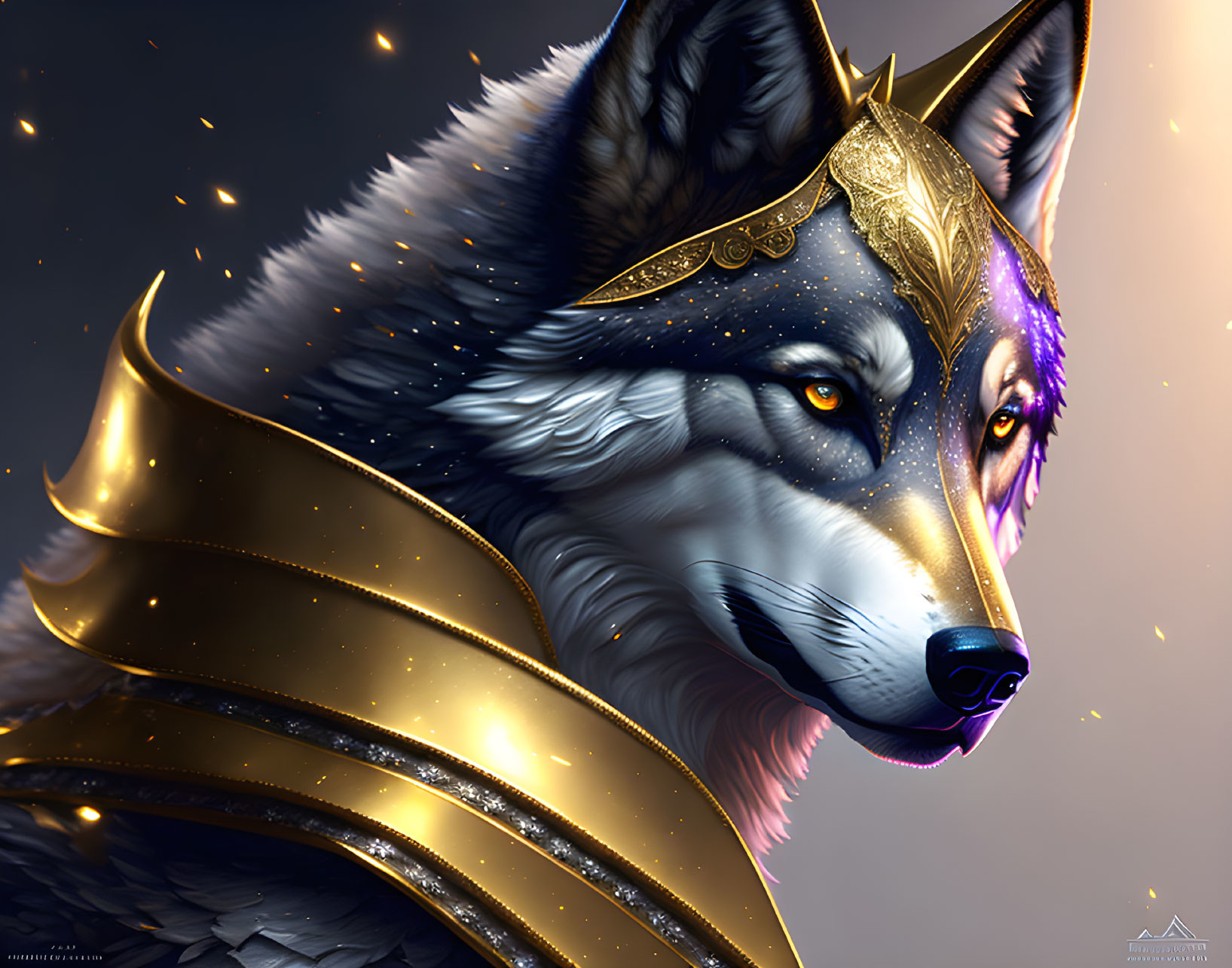 Majestic wolf digital art with golden headpiece and armor on glowing backdrop