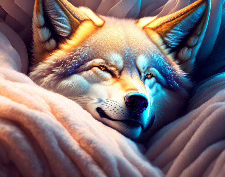 Digital artwork of a cozy wolf in warm lighting among blue blanket-like folds