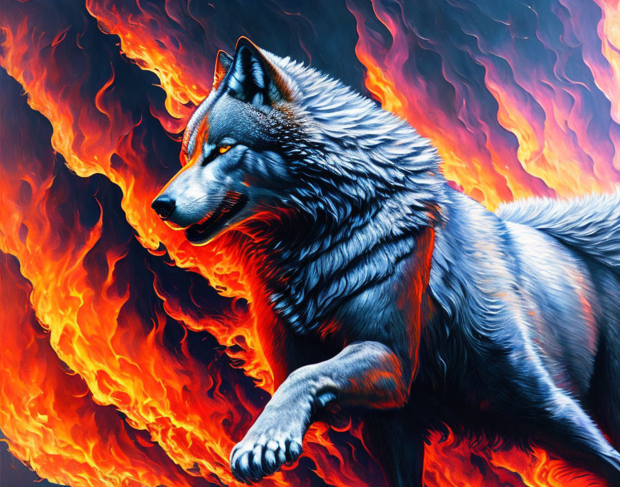 Detailed illustration of majestic wolf with black and grey coat against fiery backdrop