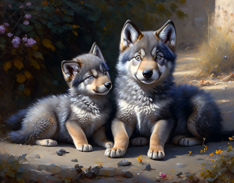 Realistic husky puppies with blue eyes in soft lighting and delicate flora